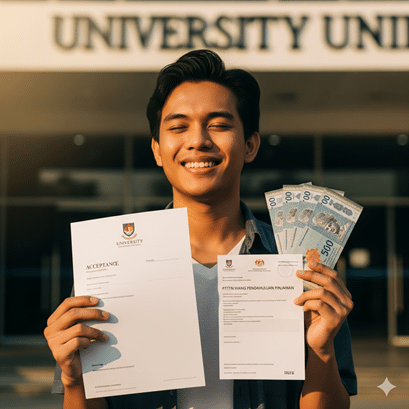Pelajar gembira memegang surat tawaran PTPTN Wang Pendahuluan Pinjaman (WPP) RM1,500 untuk yuran pendaftaran Universiti Awam. Bantuan PTPTN meringankan beban kewangan keluarga